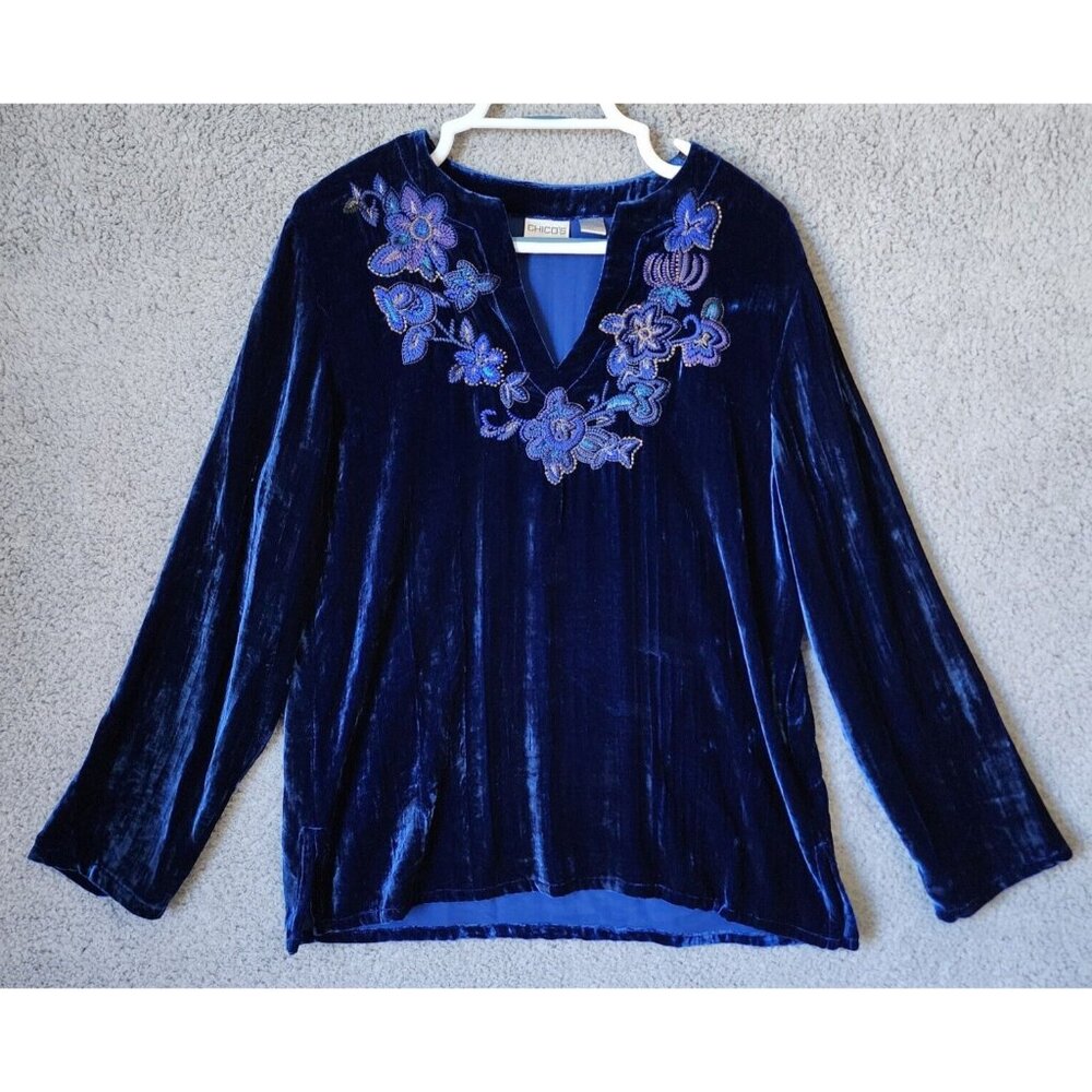 Chico’s Long Sleeve Embroidered‎ V Neck Top Blue Crushed Velvet Silk Blend 2 (L)